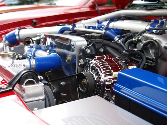 Blue and silver vehicle engine